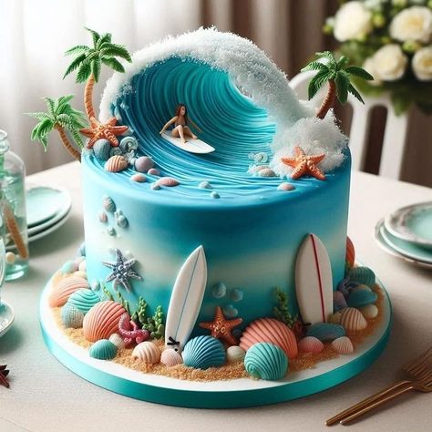 Beach Cake Ideas, Moana Cake Design, Bolo Crossfit, Surfer Cake, Hawaiian Birthday Cakes, Tropical Birthday Cake, Ocean Birthday Cakes, Hawaii Cake, Summer Birthday Cake