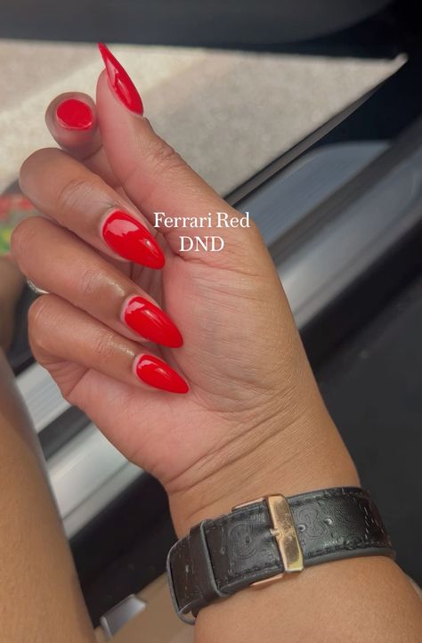 Ferrari Red Nails Almond, Dnd Red Ferrari, Ferrari Red Dnd, Dnd Ferrari Red, Red Ferrari Nails, Red Almond Nails Short, Red Vacation Nails, Dnd Red Gel Polish, Ferrari Red Nails