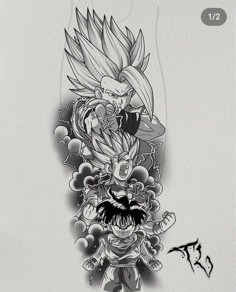 Dragon Ball Sleeve Tattoo Design, Dragon Ball Z Sleeve Design, Dragon Balls Tattoos, Dragonball Sleeve Tattoo, Beast Gohan Tattoo, Gohan Beast Tattoo, 4 Star Dragon Ball Tattoo, Gohan Tattoo Ideas, Dragonball Tattoo Ideas