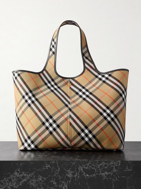 Burberry - Leather-trimmed Checked Cotton-canvas Tote - Neutrals Horse Tote Bag, Burberry Tote Bag, Burberry Tote, Canvas Leather Tote, Flat Dress Shoes, Floral Dresses Short, Straw Tote, Burberry Women, Fine Jewelry Designers