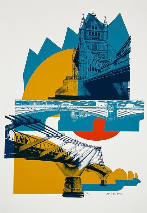 ‘City Bridges' is a limited edition screen print paying homage to three iconic Thames crossings. Screenprint designed and printed by the members of artist collective Underway Studio onto Southbank smooth 310gsm paper. City Collage Poster, City Print, Off Screen Graphic Design, Architecture Prints, Print Studio, City Graphic Design, City Poster Design, City Posters, Bridge Illustration