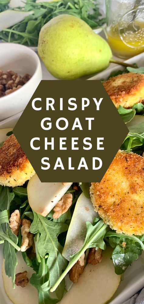 DECADENT CRISPY GOAT CHEESE ON A BED OF ARUGULA TOSSED IN A LIGHT VINAIGRETTE, TOPPED WITH TOASTED WALNUTS AND SLICED PEARS. Cheese, and especially goat cheese, in all kinds of salads is nothing new. However, lightly pan fried rounds of tangy goat cheese served warm over a cool salad is a thing of true beauty. When I make this, those little crispy rounds do away with any need for additional protein, in my opinion. #goatcheese #salad #goatcheesesalad #food #foodinspo #recipe #sidedish #starter Pear Goat Cheese Salad, Fried Goat Cheese Salad, Crispy Goat Cheese, Warm Goat Cheese Salad, Delicious Healthy Salads, Salad With Goat Cheese, Goat Cheese Appetizer, Fried Goat Cheese, Baked Goat Cheese