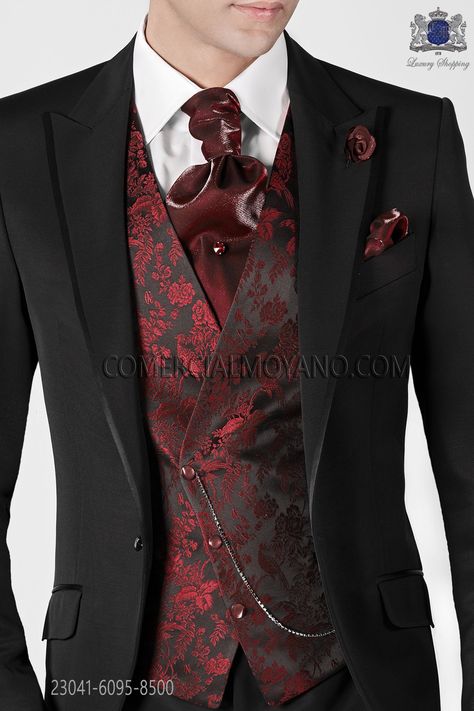 Masquerade Outfit Men, Men Wedding Suits, Black And Red Suit, Red Waistcoat, Black Red Wedding, Masquerade Outfit, Red Tuxedo, Groom Suits, Red Wedding Theme