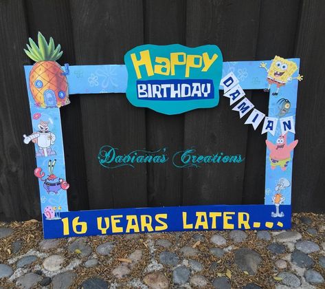 Daviana💋💕 on Instagram: “Spongebob order. Kids first bday was spongebob. And 16 years later....😬 #spongebob #spongebobparty #partypictureframe #photobothprops…” Spongebob Photo Frame, Spongebob Photo Backdrop, Spongebob Picture Frame, Spongebob Birthday Party Decorations Printable, Sweet 16 Spongebob Theme, Diy Spongebob Birthday Decorations, Sweet 16 Spongebob, Spongebob Photo Booth, Spongebob Birthday Party 16