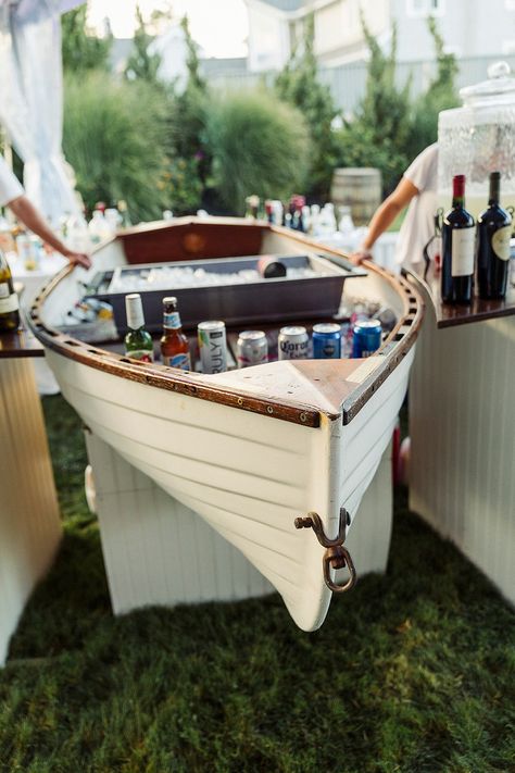 Boat Set Design, Boat Themed Wedding, Boat Bar Ideas, Marine Decoration, York Maine Wedding, Boat Garden, Cape Neddick Maine, Garden Bar Shed, Coastal Wedding Decor