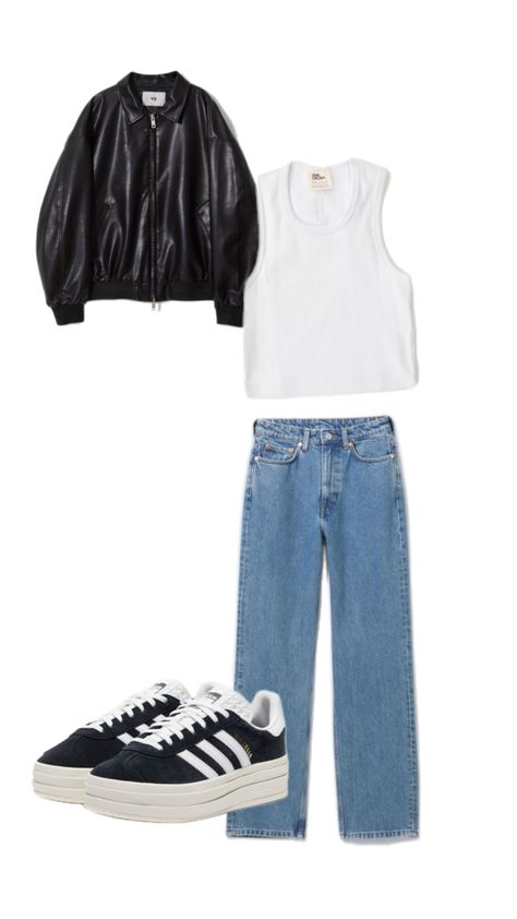 Elevate your look with this effortlessly cool outfit! Pair classic blue jeans with a crisp white tank for a fresh base, and add a black leather jacket for that iconic edgy vibe. Complete the ensemble with bold black Adidas Gazelles for a sporty twist. Perfect for a night out or a casual day in the city, this outfit combines comfort and style seamlessly! 🖤✨ #StreetStyle #CasualChic #OOTD Black Gazelles, Adidas Gazelles, Adidas Gazelle Bold, Gazelle Bold, Edgy Elegance, Cool Outfit, Adidas Outfit, Trendy Fashion Outfits, Adidas Gazelle