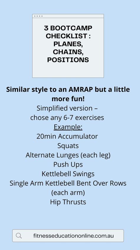 Simplified version – chose any 6-7 exercises Example 20min Accumulator Squats Alternate Lunges (each leg) Push Ups Kettlebell Swings Single Arm Kettlebell Bent Over Rows (each arm) Hip Thrusts Note 1: Whenever I’m programming exercises for Bootcamp I think 3 things. Multiple planes, multiple chains, multiple positions Note 2: With the workout I’ve mentioned above – you will need 1 Kettlebell per 4 people Hip Thrusts, Outdoor Exercises, Boot Camp Workout, Kettlebell Swings, Hip Thrust, Push Ups, 4 People, Hiit Workout, Kettlebell