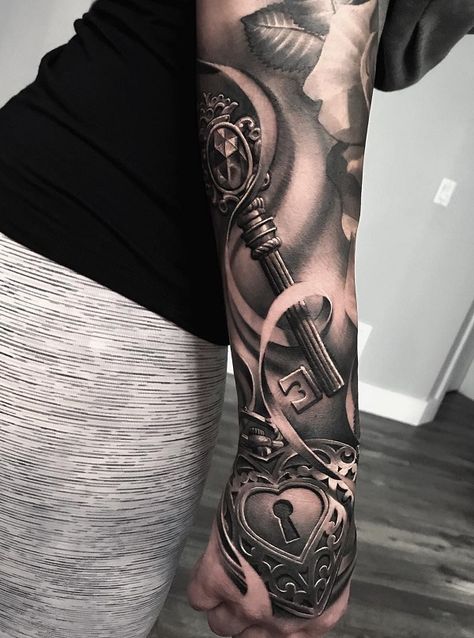 - Realistic Tattoos by Greg Nicholson  <3 <3 Lock Key Tattoos, Key Tattoo Designs, Locket Tattoos, Trash Polka Tattoo Designs, Catrina Tattoo, Feminine Tattoo Sleeves, Key Tattoos, Key Tattoo, Realistic Tattoo Sleeve