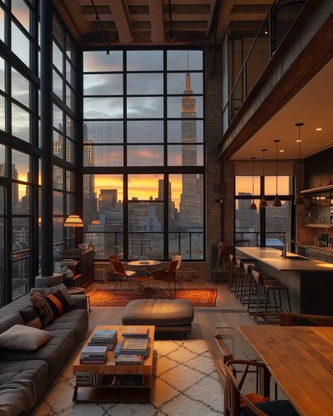 New York Apartments Interior, New York Loft Living Room, Tribeca Loft New York, Two Story Apartment Interior Design, Huge Loft Apartment, Coffee Area Living Room, Apartments In New York City, City Apartment Interior Design, Nyc Apartment Interior Design