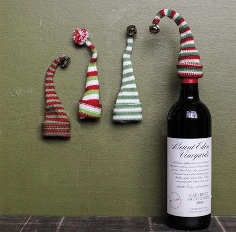 Mountain Lodge Decor, Wine Toppers, Crochet Wine, Candy Food, Wine Bottle Topper, Bottle Toppers, Pencil Toppers, Elf Hat, Old Fashioned Christmas