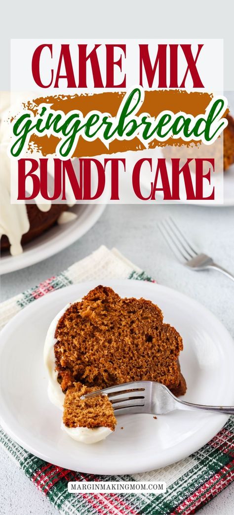 Making a gingerbread bundt cake with a cake mix is one of the easiest holiday desserts! I love the cream cheese frosting on top, which pairs perfectly with the warm spices and sweetness of molasses. Perfect for the busy Christmas season! Gingerbread From Spice Cake, Cake Mix Gingerbread Loaf, Spice Cake From Box Cake, Gingerbread Cake From Box Cake, Molasses Bundt Cake, Gingerbread Spice Cake Mix Recipe, Easy Christmas Bunt Cakes, Spiced Cake Recipes Boxed, Gingerbread Bundt Cake Easy