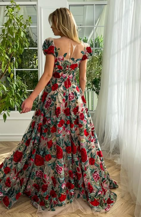 Rose Romance Mesh Gown | Teuta Matoshi Red Roses Dress, Matoshi Dress, Floral Print Prom Dress, Teuta Matoshi, Short Puffy Sleeves, Rose Gown, Printed Prom Dresses, Mesh Gown, Rose Print Dress