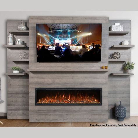 The Modern Flames Allwood Fireplace Wall System for Spectrum Slimline 60" Fireplace is the perfect solution. This wall system is slim and sleek, making it easy to fit into any room entertainment space. Plus, it has a simple installation process that makes it easy for anyone to set it up themselves. And, best of all, this wall system comes in three beautiful colors - Weathered Walnut, Coastal Sand, or Driftwood Gray - so you can choose the perfect one for your home. This stylish wall system featu Wall Units With Fireplace, Fireplace Styles, Installing A Fireplace, Wall Mounted Fireplace, Portable Hot Tub, Feature Wall Living Room, Modern Flames, Fireplace Tv Wall, Modern Tv Wall