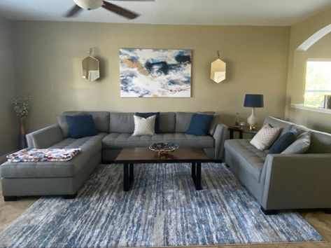 Grey And Dusty Blue Living Room, Gray Light Blue Living Room, Blue Grey Home Decor, Greyish Blue Living Room Ideas, Home Decor Blue And Gray, Blue Gray Gold Living Room, Blue Gray Tan Living Room, Blue Gray Living Room Decor, Grey Blue Living Room