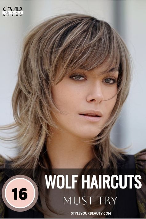 Wolf cut with razor-cut layers for an edgy, textured effect Wolfcut For Medium Length Hair, Wolf Haircuts, Razor Cuts, Razor Cut Hair, Long Hair Designs, Cut Layers, Soft Bangs, Thick Hair Cuts, Parted Bangs