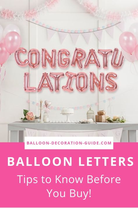 Mylar balloon letters make a great backdrop for birthday parties, weddings and baby showers - especially in that trendy rose gold color. Do you want them to float? Then you need to buy the 40 inch sizes. Click here for more must-know tips. #balloonbackdrop #balloonletters #partydecorations Letter Balloons Backdrop, How To Make Balloons Last Longer, Letter Filled With Balloons, Name Balloons Letters, Letters With Balloons Inside, Letter Ballons, Baloon Letter Pendant Necklace, Baloon Garland, Stick Letters