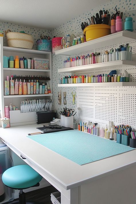 Craft Room Furniture Layout, Wallpaper Craft Room, Crafting Station Ideas, Cute Art Room Ideas, Sewing Room Set Up Ideas, Craft Room Layout Ideas Floor Plans, Craftroom Ideas Work Spaces, Craft Shed Interior Ideas, Creative Spaces Studio