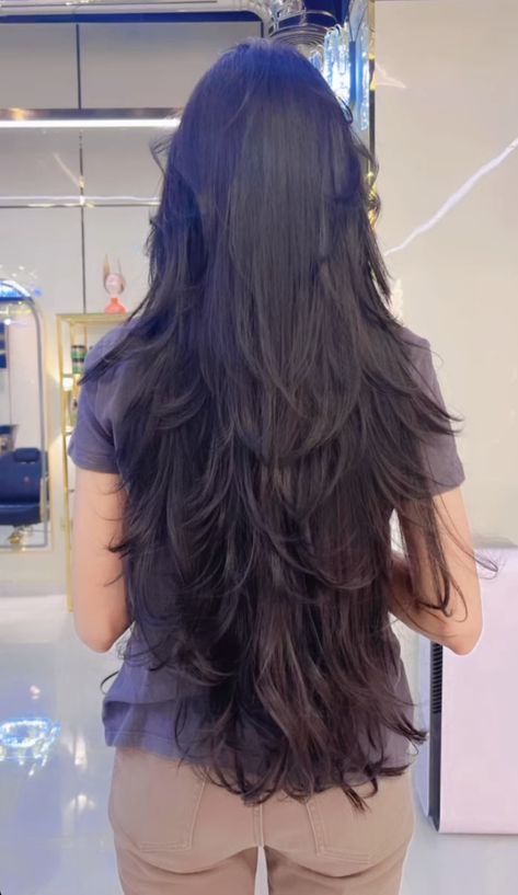 Deep V Layered Haircut, Lower Layers Haircut, Long Layered Haircuts Waist Length, Extremely Layered Hair Long, Long V Shaped Layered Hair With Curtain Bangs, Hip Length Haircut, Very Long Hair Haircut, Extra Long Haircuts, Brunette Long Layered Hair