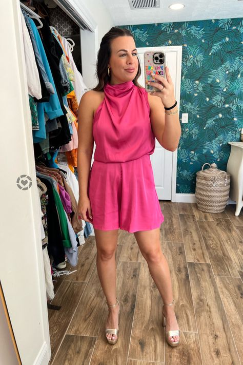 Check out this stunning pink satin romper from Amazon! An affordable fashion piece that’s perfect for receptions, parties, cocktails, date nights, girl nights, wedding guests, and special evenings. This satin romper features a a beautiful mock neck and a flowy design. It also makes a great vacation dress – simply pair it with high heel sandals for a chic touch. Shop this romper today! Holland Paterno. Early Fall Night Out Outfit: Pink Satin Romper Outfit Satin Romper Outfit, Fall Night Out Outfit, Fall Night, Satin Romper, Flowy Design, Outfit Pink, Vacation Dress, Romper Outfit, Night Out Outfit