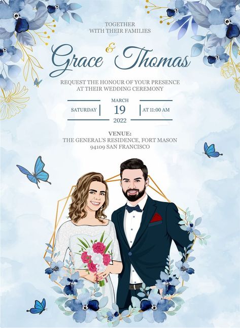 I will design a digital wedding invitation card with an illustration Christian Wedding Cards Invitations, Christian Wedding Invitation Card Design, Marriage Invitation Card Design, Christian Wedding Invitation, Illustration Wedding Invitation, Wedding Cards Images, Cartoon Wedding Invitations, Birthday Party Invitation Card, Christian Wedding Cards