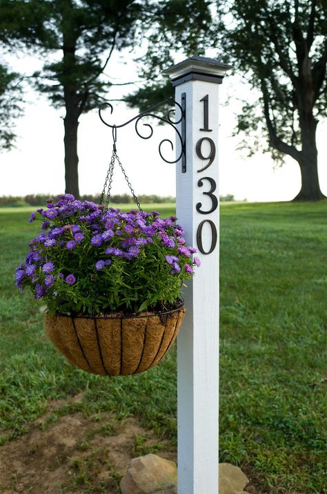 For a quick outdoor update, make a DIY address post with built-in plant hanger. Address Post, Diy Curb Appeal, Front Patio, Pinterest Projects, House Numbers, Shade Garden, Outdoor Projects, Yard Landscaping, Garden And Yard