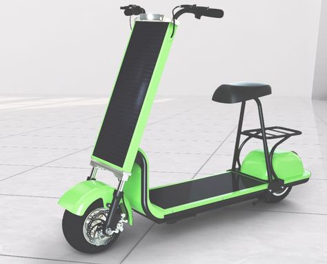 A closer look at a green S80 solar-powered electric scooter. Electric Scooter Design, Green Transportation, Power Scooter, Scooter Design, New Inventions, Sustainable Travel, Wearable Technology, Solar Powered, Electric Scooter