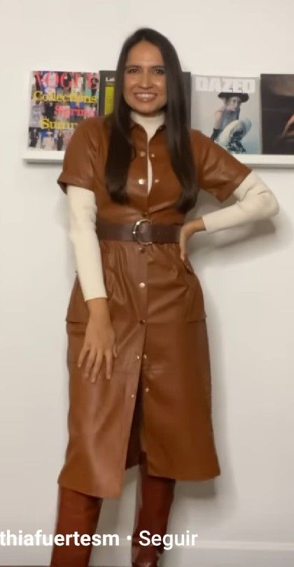 Tan Leather Dress Outfit, Brown Dresses Outfit, Leather Dress Outfit, Europe 2023, Midi Dress Outfit, Brown Leather Dress, Leather Midi Dress, Winter Dress Outfits, Stylish Work Attire