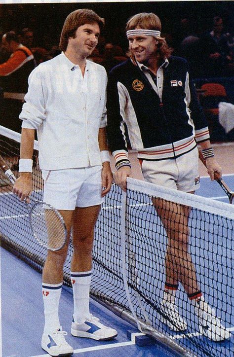 Jimmy Connors with Bjorn Bjorn Borg Style, Tennis Outfit Shorts, Vintage Tennis Outfit, Jimmy Connors, Tennis Photos, Outfit Shorts, John Mcenroe, Tennis Outfits, Tennis Legends