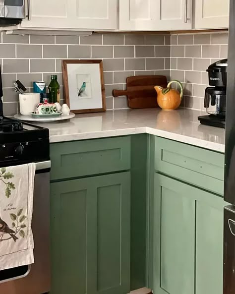 Privilege Green Kitchen Cabinets Green Base Cabinets White Upper, Sw Privilege Green Cabinets, Green Sherwin Williams Cabinets, Painted Kitchen Cabinets Green, Privilege Green Sherwin Williams, Sherwin Williams Privilege Green, Kitchen Hutch Diy, Privilege Green, Green China Cabinet