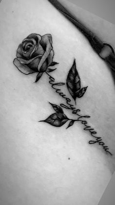 Rose Tattoos With Words, Spouse Name Tattoos For Women, Tattoos For First Timers, Rose With Name Stem Tattoo, Rose Quote Tattoo, Rose Tattoo Designs For Women, Tattoos For Women Hand, Women Hand Tattoos, Basic Tattoos