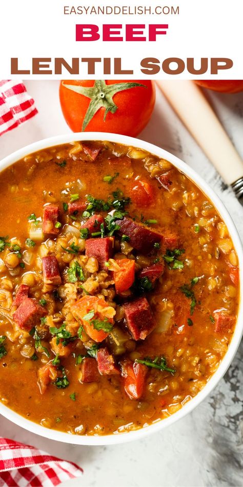 This lentil beef soup is easy to make and high-protein, making one of the best comforting dinenrs for your family. Lentil And Beef Soup, Lentil Beef Soup, High Protein Lentil Recipes, Recipes Using Beef Broth, Beef And Lentil Soup, High Protein Soup Recipes, Lentil Soup Crockpot, Beef Lentil Soup, Cook Lentils