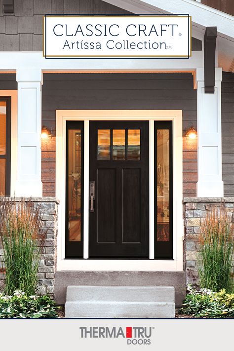 Fiberglass Exterior Doors With Sidelights, Shaker Style Entry Door, Front Door Ideas With Glass Panels, Fiberglass Entry Door, Front Door Shaker Style, Shaker Style Exterior Door, Craftsman Style Front Doors Entrance, Exterior Shaker Doors, Fiberglass Exterior Doors Wood Grain