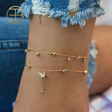 Ankle Bracelets Boho, Heart Ankle Bracelet, Butterfly Anklet, Work Necklaces, Summer Beach Jewelry, Pink Choker, Anklets For Women, Beaded Ankle Bracelets, Crystal Anklet