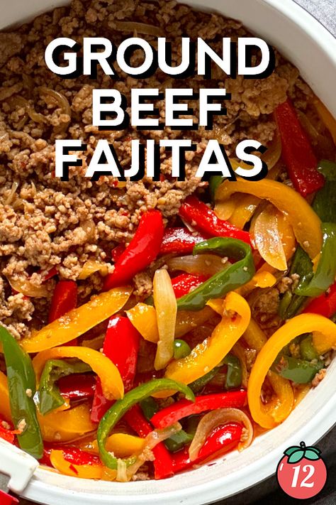 Sizzling on a griddle pan with clouds of aromatic steam ribboning through the air, fajitas are half delicious meaty dinner and half showtime spectacle. Fajitas seem like an out-of-reach dish, but not anymore with this speedy weeknight version. Here, these Ground Beef Fajitas capture all the flavors without fancy equipment. Ground Beef Fajitas, Recipe With Ground Beef, Cooking With Ground Beef, 12 Tomatoes Recipes, Beef Fajitas, Ground Meat Recipes, One Pot Dinners, Fajita Recipe, 12 Tomatoes