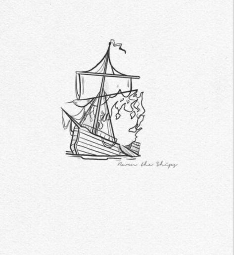 Sinking Boat Tattoo, Tattoo Ideas For Men Line Art, Burning Boats Tattoo, Burning Ship Drawing, Pirate Ship Tattoo Simple, Boat On Fire Tattoo, Tiny Ship Tattoo, Ship On Fire Tattoo, Simple Ship Tattoo