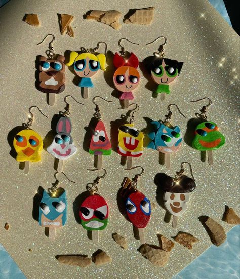 Crazy Earrings Clay, Diy Funky Earrings, Quirky Earrings Diy, Cute Fun Earrings, Polymer Earrings Diy, Funny Clay Earrings, Weirdcore Jewelry, Funky Earrings Diy, Goofy Earrings