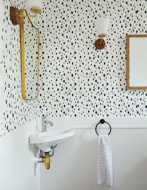 Spotty Wallpaper, Polka Dot Bathroom, Cottage Remodel, Dot Wallpaper, Leclair Decor, Blue Grey Walls, Raised Panel Cabinets, Wall Panel Molding, Powder Room Wallpaper