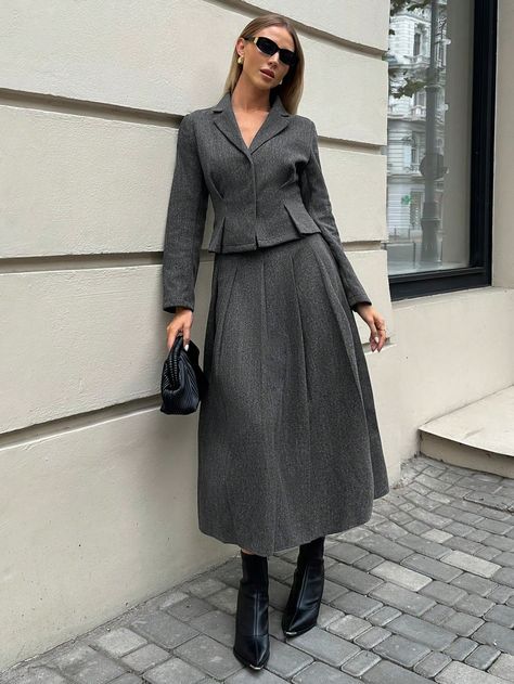 Autumn Women's Gray Woolen Suit, Retro Luxury Old Money Style Thickened Woolen Warm Suit Jacket, Slim Waist Slimming Jacket For Women, A-Hem Pleated Skirt, Autumn And Winter Long Woolen Pleated Skirt, Gray Style Outfit, Workplace Commuting Clothing, Teacher Clothing, Two-Piece Suit For Women Dark Grey Elegant    Plain  Non-Stretch  Women Clothing, size features are:Bust: ,Length: ,Sleeve Length: Skirt Retro Outfit, Suit Skirt Outfit, Winter Long Skirt Outfit, Long Vest Outfits For Women, Skirt Suit Outfit, Suit Jacket And Skirt, Autumn Suit, Vest Outfits For Women, Winter Teacher Outfits