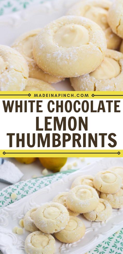 Pinterest Pin featuring two images. The top image is a closeup of white chocolate-filled lemon thumbprints, and the bottom image is a platter of the same cookies. In the middle are the words "White Chocolate Lemon Thumbprints" and the website "madeinapinch.com." White Chocolate Thumbprint Cookies, White Chocolate Lemon Cookies, Flavorful Cookies, Lemon Thumbprint Cookies, White Chocolate Filling, Family Meals Kid Friendly, Cookie Platters, Chocolate Thumbprint Cookies, Healthy Kid Friendly Meals