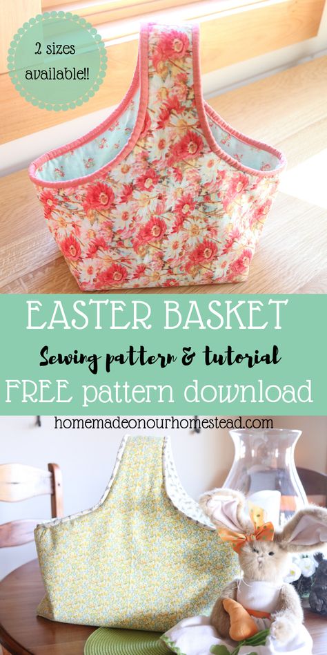 Learn how to make this adorable fabric Easter basket. Sewing pattern available in 2 sizes!! Easy to follow sewing instructions with detailed pictures to help you create these adorable Easter baskets in no time. Instant PDF sewing pattern download. Head over to the blog now to print your free pattern as well as some Easter basket gift tags! #Easterbasketsewingpattern #howtosewaneasterbasket #fabriceasterbasketsewingpattern #learnhowtosewaneasterbasket #quickandeasysewingpattern #freesewingpattern Easter Basket Sewing Pattern, Handy Basket, Basket Sewing Pattern, Easter Basket Pattern, Free Pattern Download, Sewing Instructions, Free Pdf Pattern, Easter Basket Diy, Basket Tote