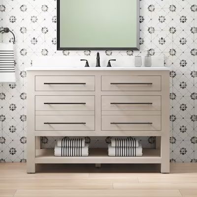 Bathroom Vanities & Vanity Tops at Lowes.com 48 Inch Bathroom Vanity, 48" Vanity, Oak Bathroom Vanity, White Washed Oak, Natural Bathroom, Best Bathroom Vanities, Bathroom Installation, Single Sink Bathroom, Allen Roth