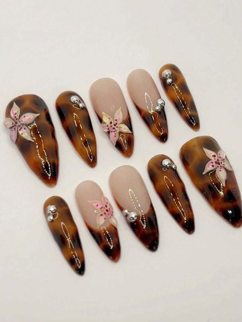 10pcs Handmade Vintage Luxurious Glossy Almond French Fake Nails, Brown Leopard Print, 3D Devil Flower Design, Metal Ball Decor, With Jelly Gel And Buffer Blocks, For Autumn Daily, Outings, Photo Shoots, Special Occasions | SHEIN EUR Brown Nails Flower, Brown Junk Nails, Deer Print Nails, Tiger Lily Nails, Leopard Print Almond Nails, Leopard Print Nails Almond, Almond Leopard Nails, Brown Almond Nails Design, Blooming Gel Flower