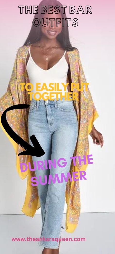 A black model with long straight black hair wears a white thin-strapped tank top under a yellow floral kimono and light wash jeans. Bar Outfit Night Summer, Girl Night Out Outfit, Cute Bar Outfits, A Night Out Outfit, Night Out Outfit Summer, Bar Outfit Night, Outfits For The Summer, Outfits For Black Women, Bar Outfits