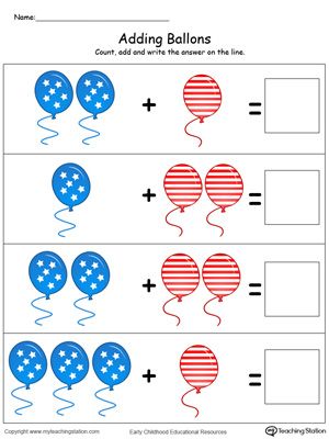 Practice counting and adding numbers with this 4th of July addition printable worksheet. Preschool Math Worksheets, Free Kindergarten Worksheets, Addition Worksheets, Numbers Kindergarten, Printable Preschool Worksheets, Preschool Printable, Kids Math Worksheets, Math Addition, Kindergarten Math Worksheets