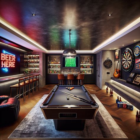 Unwind in this sleek basement man cave with a pool table, well-stocked bar, comfy recliners, home theater, vintage arcade games, and stage for jam sessions. Sports lovers will appreciate the memorabilia! 

#HomeDecor #ManCave #HomeTheater #GameRoom #SportsMemorabilia #MusicStage Finished Basement With Pool Table, Home Billiards Room, Basement Arcade, Man Cave Pool Table, Basement Ideas For Teens, Home Arcade, Modern Billiard Room, Man Cave With Pool Table And Bar, Classy Billiards Room