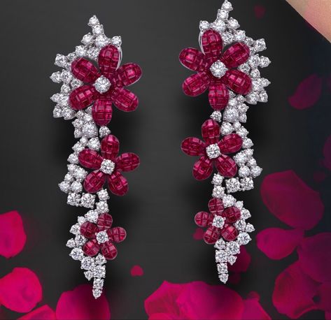 Ruby Ring Designs, Spinel Earrings, Beautiful Jewelry Diamonds, Art Jewelry Design, Floral Collection, Luxury Jewellery, Hanging Flowers, Daisy Earrings, Art Nouveau Jewelry