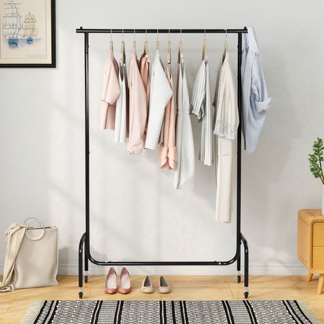 Strong Support - The garment rack is made of high quality metal material, which means it has a strong heavy duty and not easily deformed. More sturdy and durable than your expect. Perfect Size - Dimensions: 43.5" L x 17.72"W x 66.14"H. Cloth Rack, Standing Clothes Rack, Rolling Clothes Rack, Clothes Hanger Rack, Storage Solutions Closet, Clothing Store Displays, Free Standing Closet, Heavy Duty Clothes Rack, Portable Wardrobe