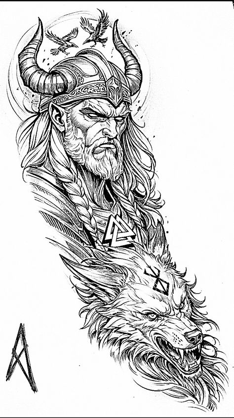 Norse Mythology Tattoo Stencil, Viking Tattoo Outline, Norse Mythology Coloring Pages, Viking Art Drawing Norse Mythology, Tyr Norse God Tattoo, Viking Tattoo Flash, Nordic Viking Tattoo Design, Loki Tattoo Norse Mythology, Norse Tattoos For Women