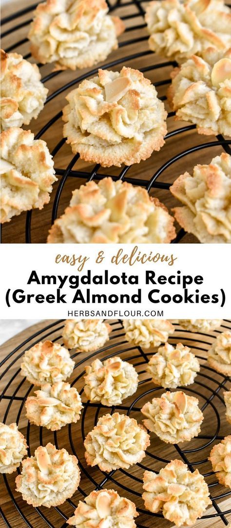 This Amygdalota Recipe produces delicious Greek Almond Cookies that have the perfect crunchy exterior but or soft and chewy on the inside. This simple cookie requires only 5 ingredients and are naturally dairy and gluten-free! Greek Wedding Desserts, Gluten Free Greek Desserts, Greek Almond Cookies Recipes, Mediterranean Desserts Recipes, Greek Almond Cookies, Greek Cookies Recipes, Greek Desserts Easy, Almond Meal Recipes, Greek Wedding Cookies