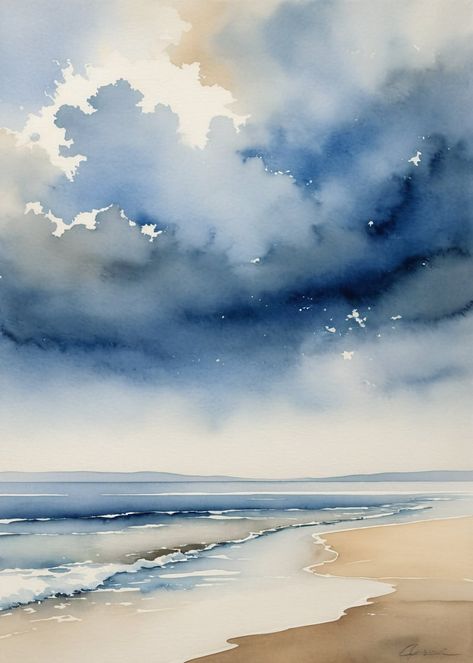 Watercolor Paintings Ocean Beach Scenes, Quick Watercolor Sketches, Ocean Watercolor Painting Easy, Watercolour Inspiration Landscape, Ocean Watercolor Painting, Watercolor Study, Water Color Art, Ocean Watercolor, Watercolor Beach